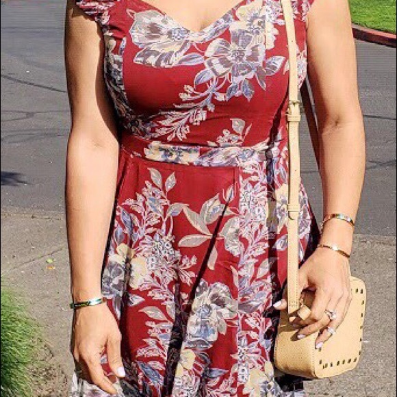 Wine floral print dress w/a sweetheart neck, New! - Picture 7 of 8